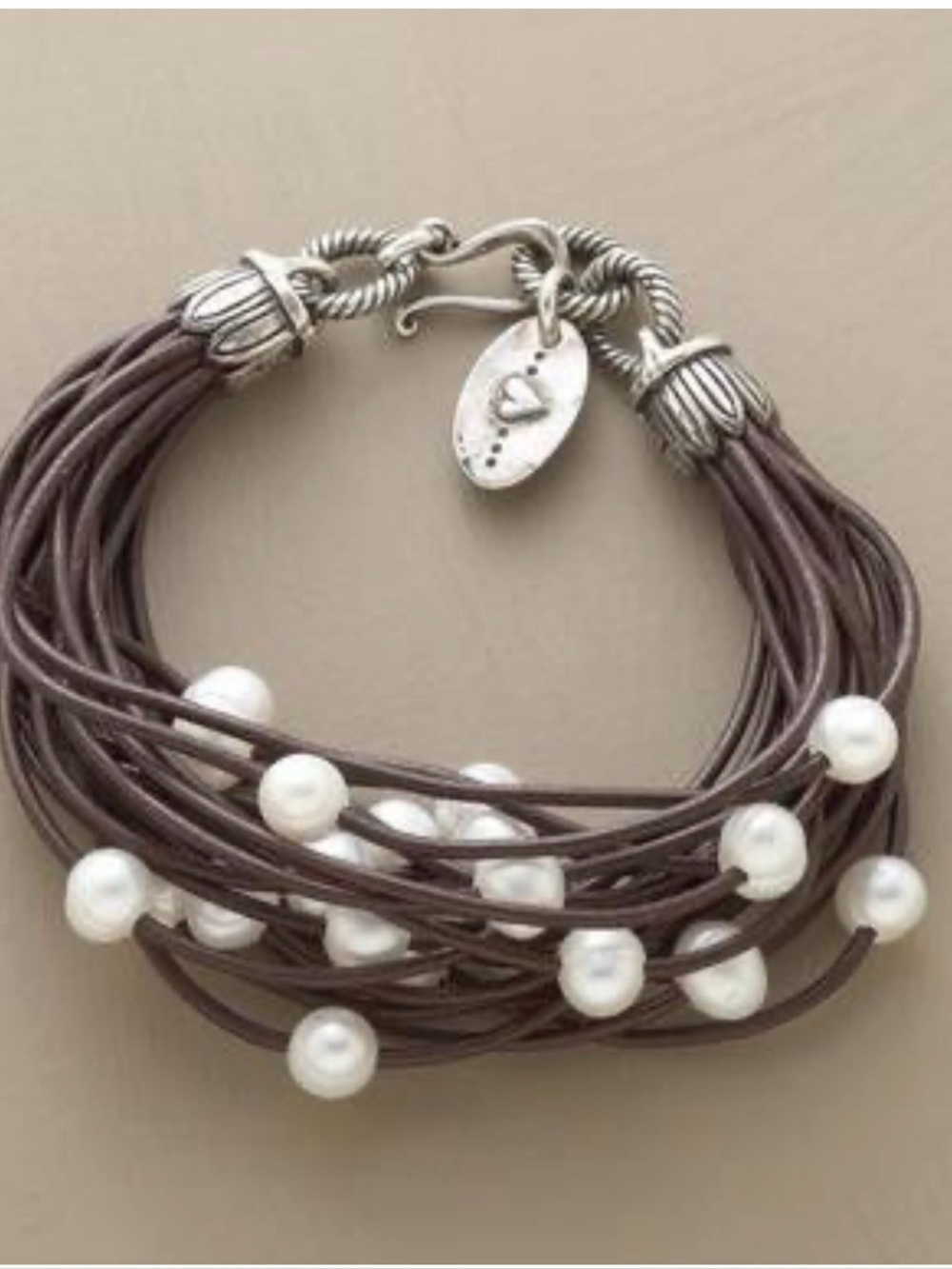 CL Multi-Strand Brown Leather Bracelet with White Pearls and Silver Accents